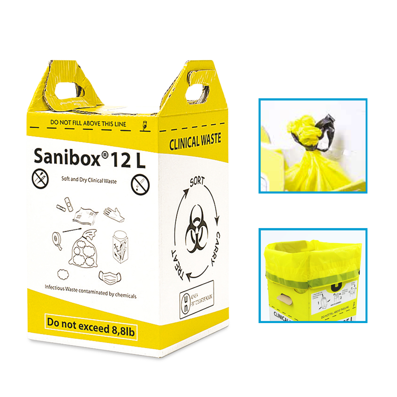 Контейнер-пакет для збору та утилізації медичних відходів Sanibox 12л (міцний PE пакет з затяжками, гофрокартон)